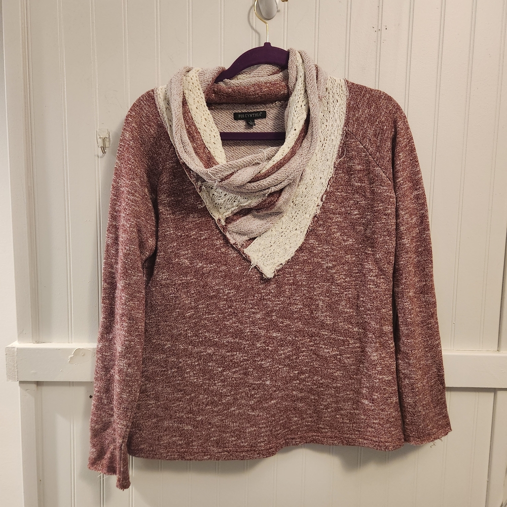 For Cynthia Maroon Sweater with Ivory Cowl